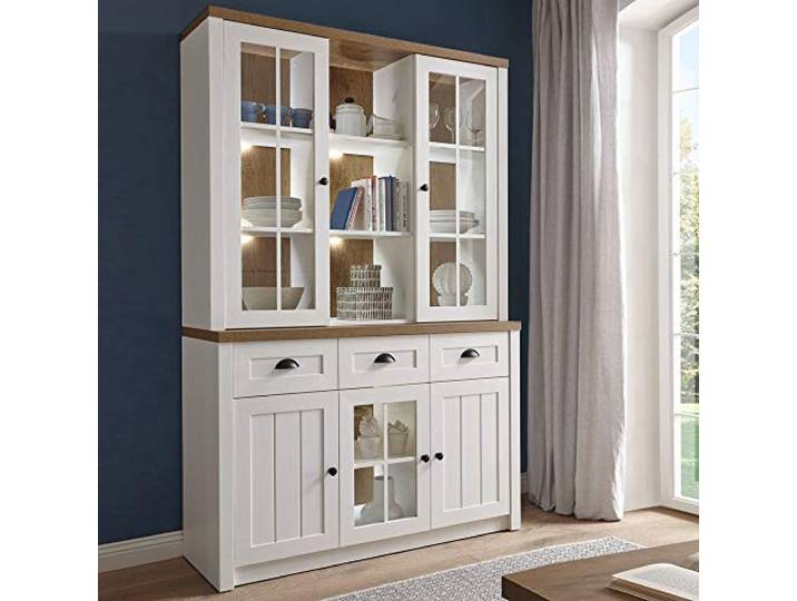 Lomadox Landhaus Buffetschrank Küchenbuffet in Pine weiß mit Eiche hell, inkl. Beleuchtung