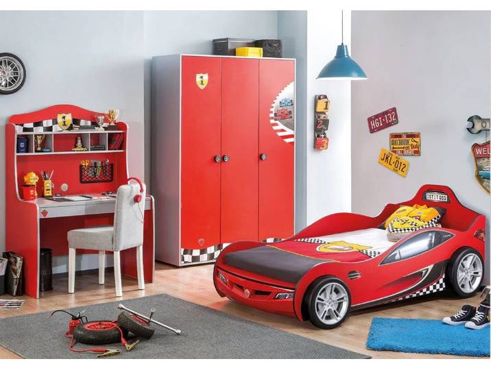 Möbel-Zeit Jugendzimmer-Set RACECUP Kinderzimmer, 3-tlg. Schrank Schreibtisch mit Aufsatz Autobett