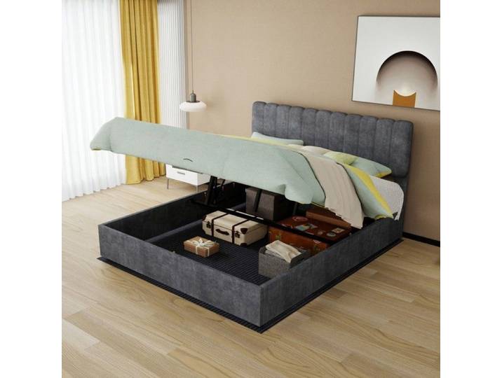 Lit double rembourré gris 160x200 tête confort sommier coffre gaz multifonction chambre sans matelas