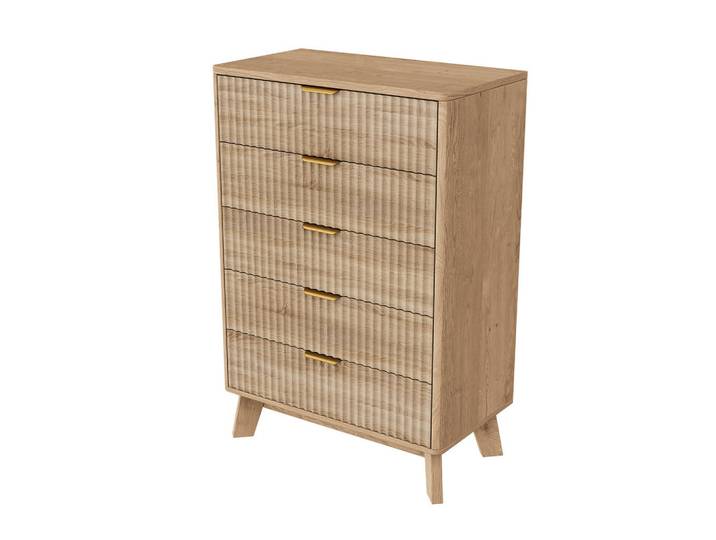 Shopentra Kommode 5 Schubladen Eichenoptik, Rillenstruktur, Goldgriffe, Eichefarben, 40x108x73 cm, Kleinmöbel, Kommoden, Kommoden