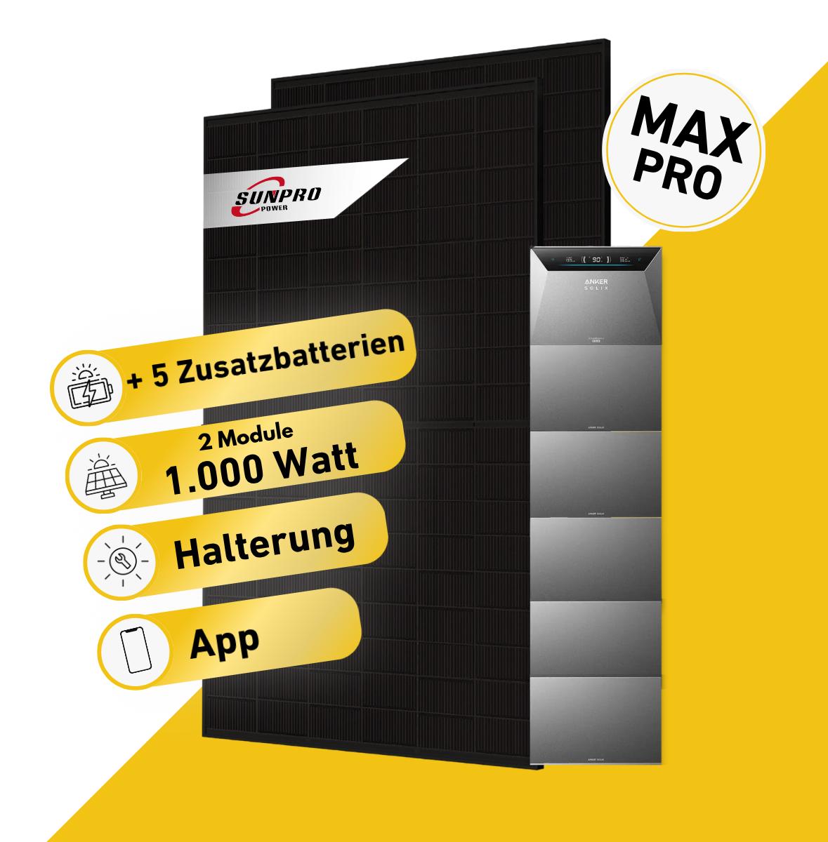 Balkonstrom Balkonkraftwerk 1000W mit Speicher | 5xZusatzspeicher | Fassadenhalterung 90 Grad | 2xSolarmodul Bifazial | Anker Solix 4 Pro |Kabel 3m