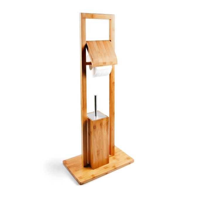 Relaxdays Toiletaccessoires set van bamboe en roestvrij staal met toiletborstel en toiletrolhouder, beige/bruin, H x B x D: 82 x 36 x 21 cm