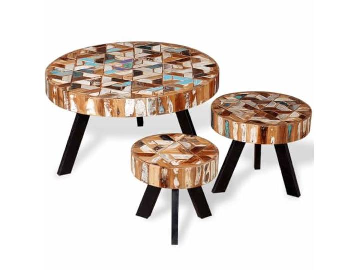 GHVBNMF 3er Set Couchtisch Altholz Massiv Rund Industrie Beistelltisch Vielseitiges 3-teiliges Tischset aus Handarbeit für Wohnzimmer und Schlafzimmer mit robustem Metallgestell.