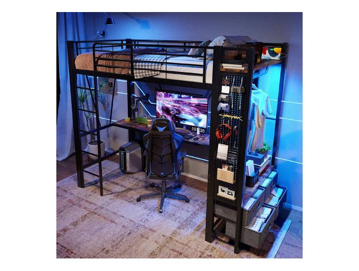 STILVORA Hochbett 90x200 mit Tisch Jugendbett mit LED,Kinderbett Metallbett mit Steckdos