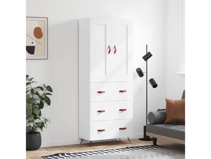 Highboard Weiß 69,5x34x180 cm Holzwerkstoff mit Türen und Metallfüßen Stabiler Holzwerkstoff, Metallfüße, viel Stauraum, Türen, Feuchtigkeitsbeständigkeit