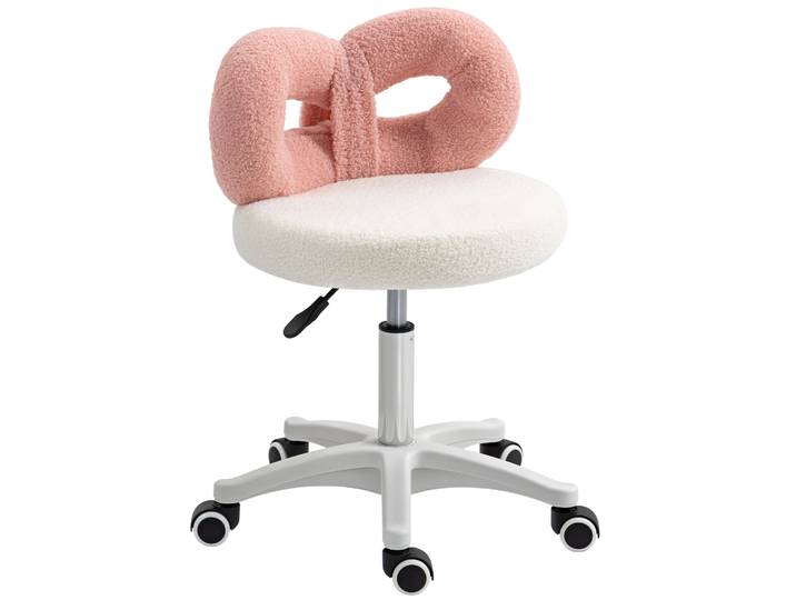 HOMCOM Taburée con Ruedas Respaldo Altura Réglable 63-77 cm Tapizado en Tejido de Borreguito Blanco y Rosa
