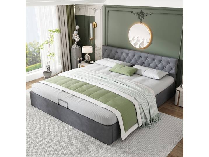 Lit coffre gris 180×200 cm sommier inclus tête de lit capitonnée structure solide sans matelas