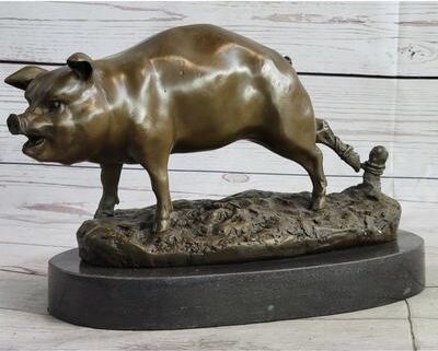 Bronzhaus Cute Pig Hog Farm Animal Bronze Metal Statue Sculpture Figurine Decor Signed Art