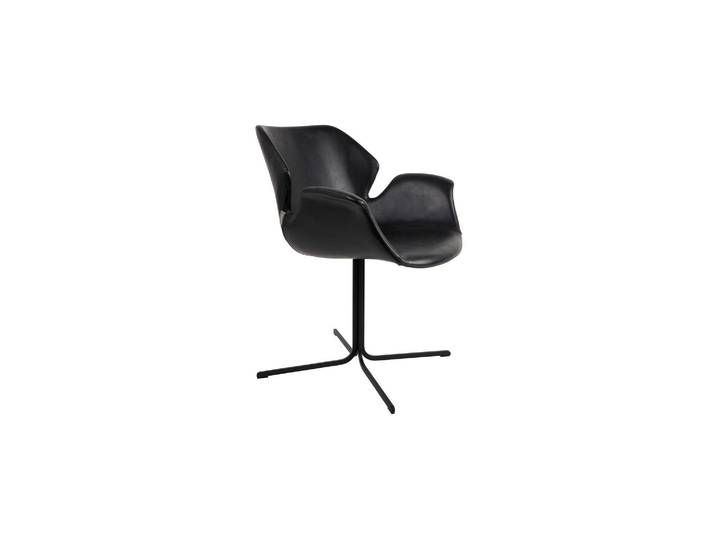 Fauteuil en cuir noir, coque en bois, pieds en acier, design vint