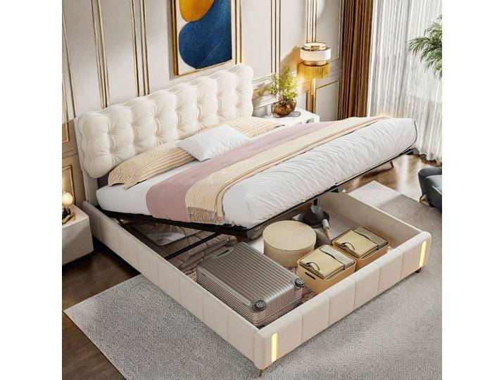 Lit Coffre 140 X 200cm\, Lit Adulte\, Lit Capitonné Avec Led\, Tissu En Velours\, Cadre De Lit\, Avec Levier Hydraulique\, Beige