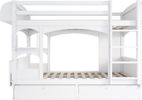 Kinder-Etagenbett 90x200cm Doppelbett Multifunktional Klappbarer Schreibtisch 2 Schubladen Ohne Matratze Massivholz Weiss Funktionsbett Jugendbett