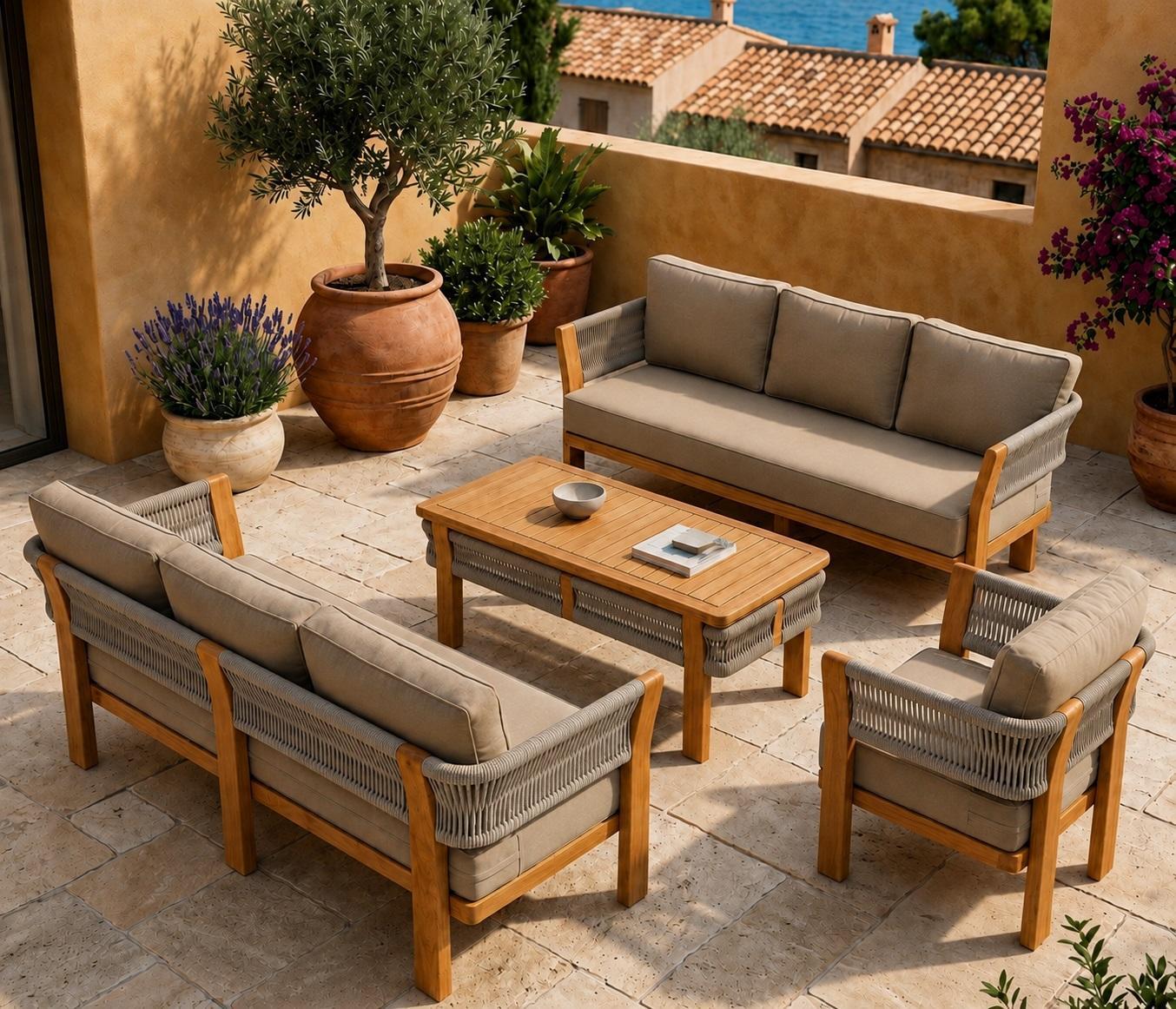 Gartenlounge Set 3-Sitzer sofa Sessel Beige Kissen Elegant Couchtisch