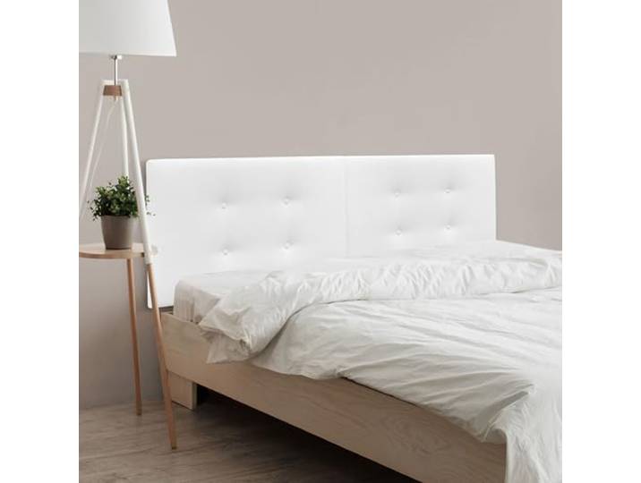 DHOME Kopfteil aus Kunstleder oder Acualinstoff mit 2 Reihen doppelter Knöpfe aufgeteilt in 2 Teile High End gepolstertes Kopfteil (Stoff Weiß, 220cm Dual (Betten 200))