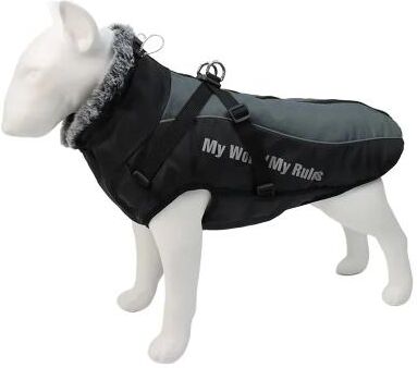 ModernMart Large Dog Winter Coat: Waterproof Jacket With Harness & Furry Collar Grey 5XL