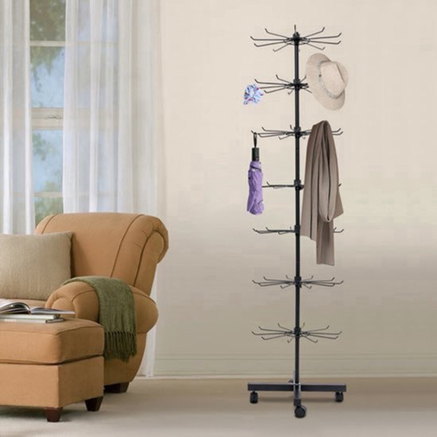 Draaibare displaystandaard met 7 lagen en 10 haken voor sieraden en accessoires - Zwart