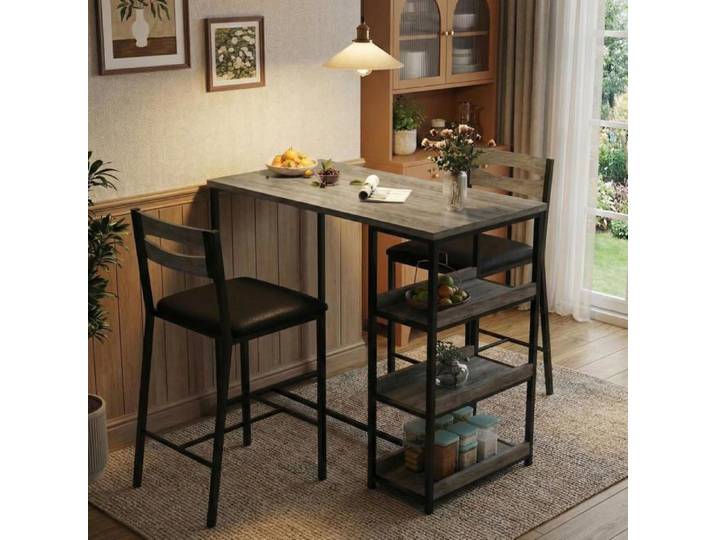 Set de table de bar et tabourets 3 pièces Table haute rectangulaire gain de place cadre métal robuste Table : 91 5 cm Gris