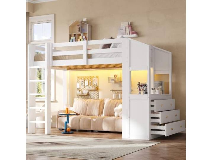 Hochbett 90x200 mit 6 Schubladen und Regalen, LED-Beleuchtung, weiß.