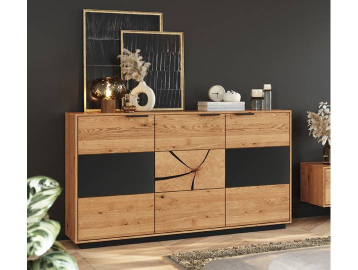 Sideboard Tirano mit Hirnholz und Schwarzglas in Wildeiche natur geölt – Montierte Lieferung – 3%-Vorkasse-Rabatt