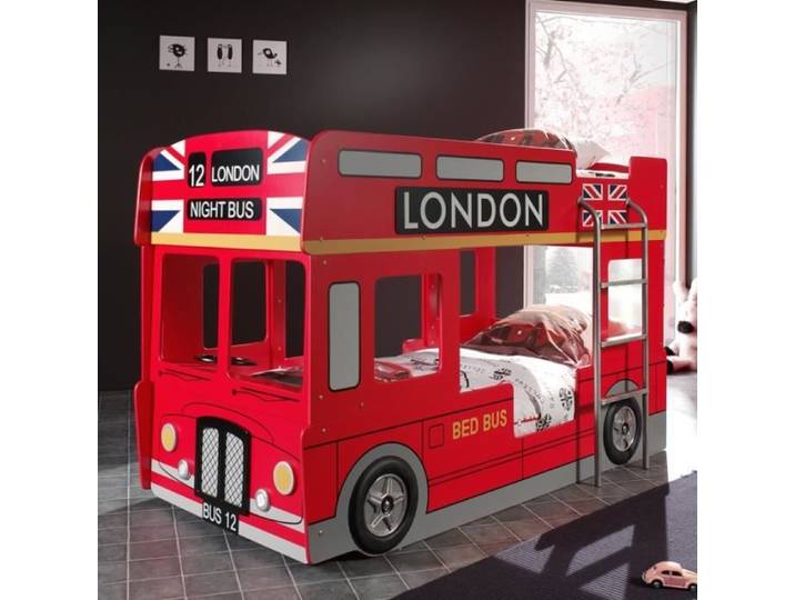 Lit Superposé & Mezzanine Enfant Bus  Londres  90x200cm Rouge