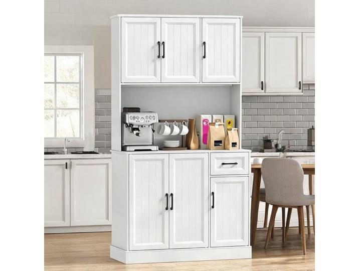 Buffet de cuisine haut blanc avec 6 portes tiroir et compartiment ouvert rangement réglable 100 cm