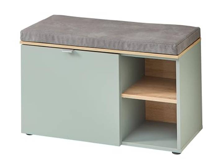 BARI Schuhbank in Schilfgrün, Artisan Eiche Optik FSC-Zertifiziert - Moderne Sitzbank mit Stauraum für Ihren Flur - 78 x 50 x 38 cm (B/H/T)