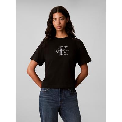 T-Shirt CALVIN KLEIN JEANS "BOXY HAND DRAWN MONOLOGO TEE", Damen, Gr. L, schwarz, Web, Obermaterial: 100% Baumwolle, unifarben, regular fit taillenbedeckt, Rundhals, eingesetzt abgesteppte Kante, Shirts T-Shirt, Regular fit, Logoschriftzug