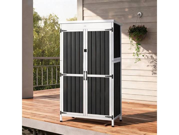 Armoire de Jardin en Bois de Sapin et Acier Galvanisé 94 x 43 x 166 cm Blanc et Noir - Blanco y Negro Madera de Abeto Acero