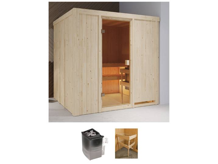 Sauna KARIBU Tromsö , beige (natur), Saunaofen, integrierte Steuerung, 9 kW, Saunen, Sauna, mit Ofen 9 kW integr. Strg.