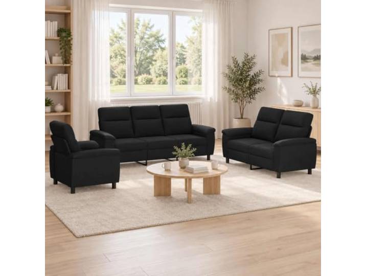 Sofa-Set 3 pcs Schwarz Stoff 100% Polyester,Metallrahmen,Kissenrücken,konische Kunststoffbeine,drinnen