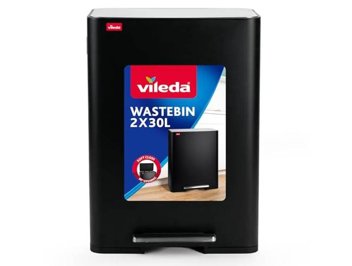 Vileda Mülleimer 60L Edelstahl schwarz mit 2x 30L Fächern - Treteimer mit Deckel - Abfalleimer 60L mit Soft-Close und 90 Grad Öffnung - Mülleimer Küche 60L - inkl. Einsatzfach für Duftpads im Deckel