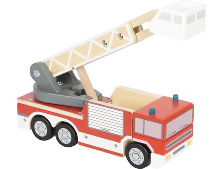 small Foot Feuerwehrauto mit Drehleiter aus Holz, Spielfahrzeug mit 360°-drehbarer Leiter und Korb, Spielzeug für Rettungseinsätze, ab 2 Jahren, 12638