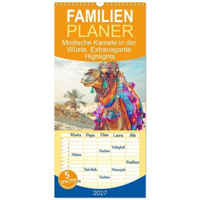 Familienplaner 2027 - Modische Kamele in der Wüste. Extravagante Highlights mit 5 Spalten (Wandkalender, 21 x 45 cm) CALVENDO