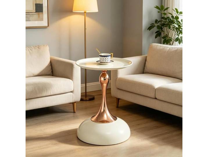 Table d'appoint Ronde Blanc et Or 38x38x54cm Pied Métal Design Moderne Salon Chambre Balcon Chevet