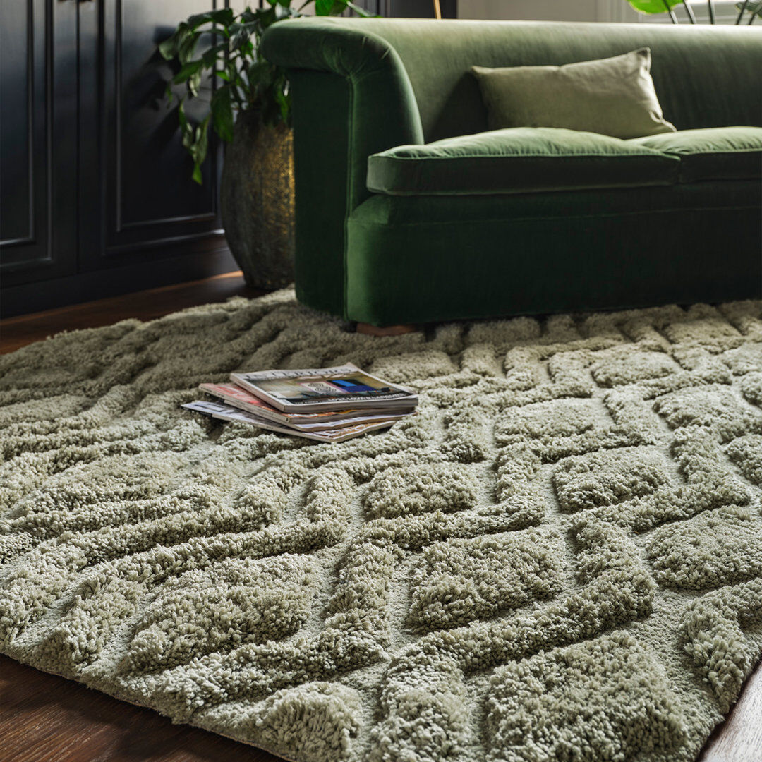 Gracie Oaks Peck Geometric Shag Area Rug Green Rectangle 200 x 290cm