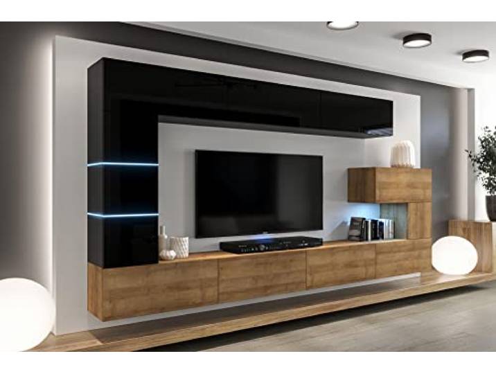 Furnitech Wohnwand Wohnzimmer - Möbel mit LED Blau - Hängend Wohnwand Modern - Schrankwand mit Regale und TV Schrank (AN89NEW-21BDZ-HGM24)