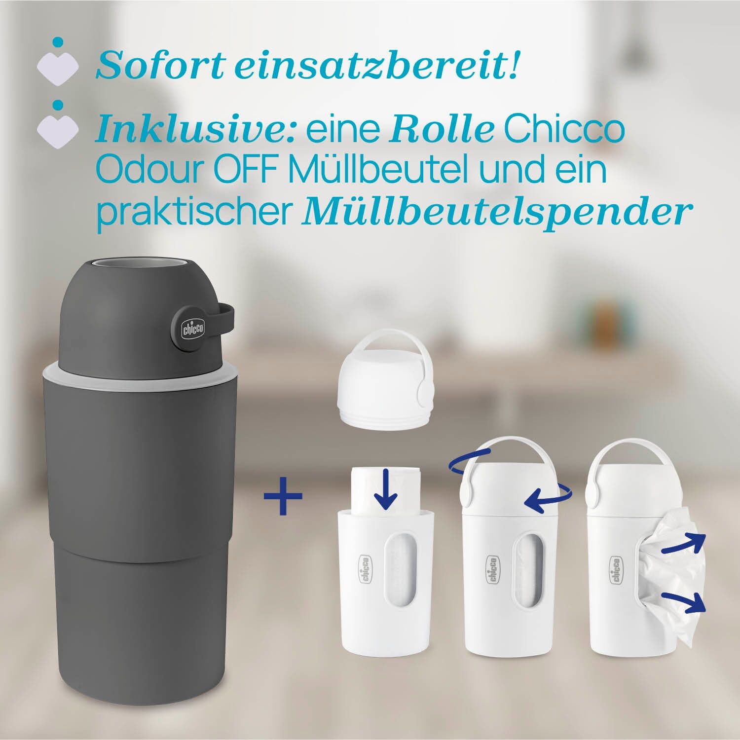 Windeleimer CHICCO "Teleskop, Odour off XL", Baby, Gr. B/H/T: 63cm, grau (dunkelgrau), Kunststoff, Mülleimer Windeleimer, inklusive 1 Pck. Müllbeutel Odour Off und einem Müllbeutelspender