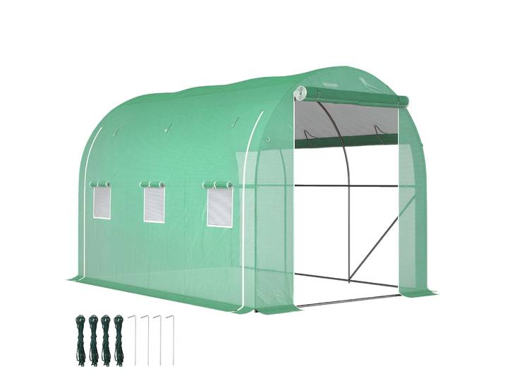Outsunny Serre de jardin 6 m² 3 x 2 m avec 1 porte + 2 parois latérales zippées enroulables, 6 fenêtres, acier galvanisé PE haute densité 140 g/m² Anti-UV vert