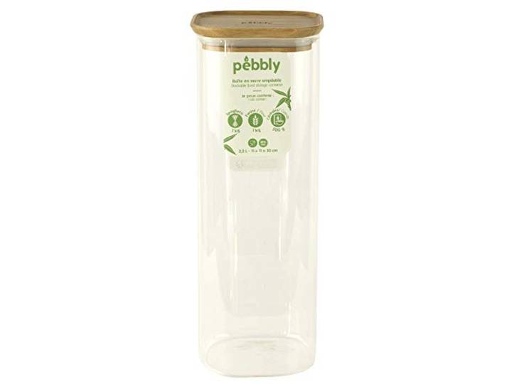 Pebbly - Boite Haute en Verre avec Couvercle en Bambou - Carrée - 2200 ml - Empilable\, Pour Conserver aliments secs\, céréales\, amandes…