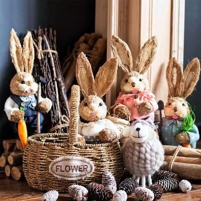 Inspire Select Straw Woven Easter Bunny Decor 18in Handmade Rabbit Garden & Home Ornament 007