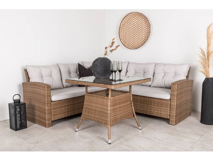 Garten Loungeset Olivia – mit Ecksofa & Glas-Couchtisch in zwei Farben - Natur - Luxusbetten24