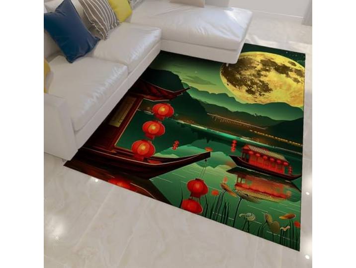 HOBBOY Chinese stijl tapijten vintage boot rode lantaarn print gebied tapijt 60 x 90 cm maanlicht nacht landschap vloermatten voor woonkamer keuken tapijt