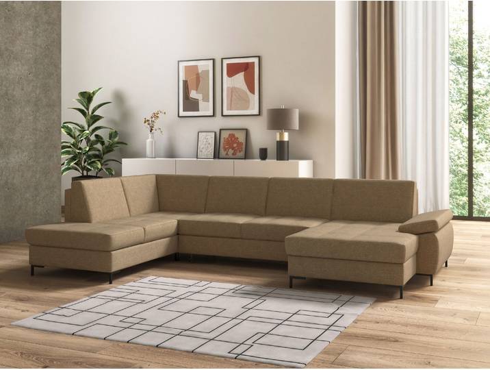 Wohnlandschaft DOMO COLLECTION Capelo, bequem, Breite 348cm, klare Linien - klares Design, U-Form , beige, B:348cm H:84cm T:204cm, 100% Polyester, Sofas, Wohnlandschaft, mit Armteilverstellung, wahlweise mit Bettfunktion, Federkern