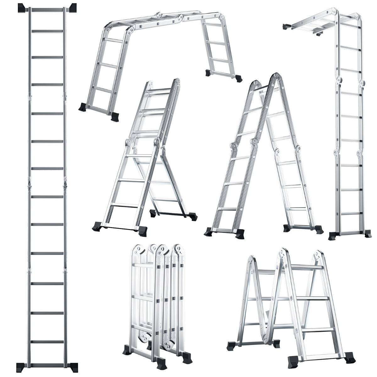 Costway 7-in-1 Opvouwbare Aluminium Ladder, Multifunctionele Steigerladder met Antislip Sporten en Voetzolen, Hoogte: 370,5 cm