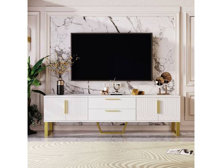 ROVRYN Meuble TV 170 cm haute brillance blanc et or 4 portes 2 tiroirs MDF