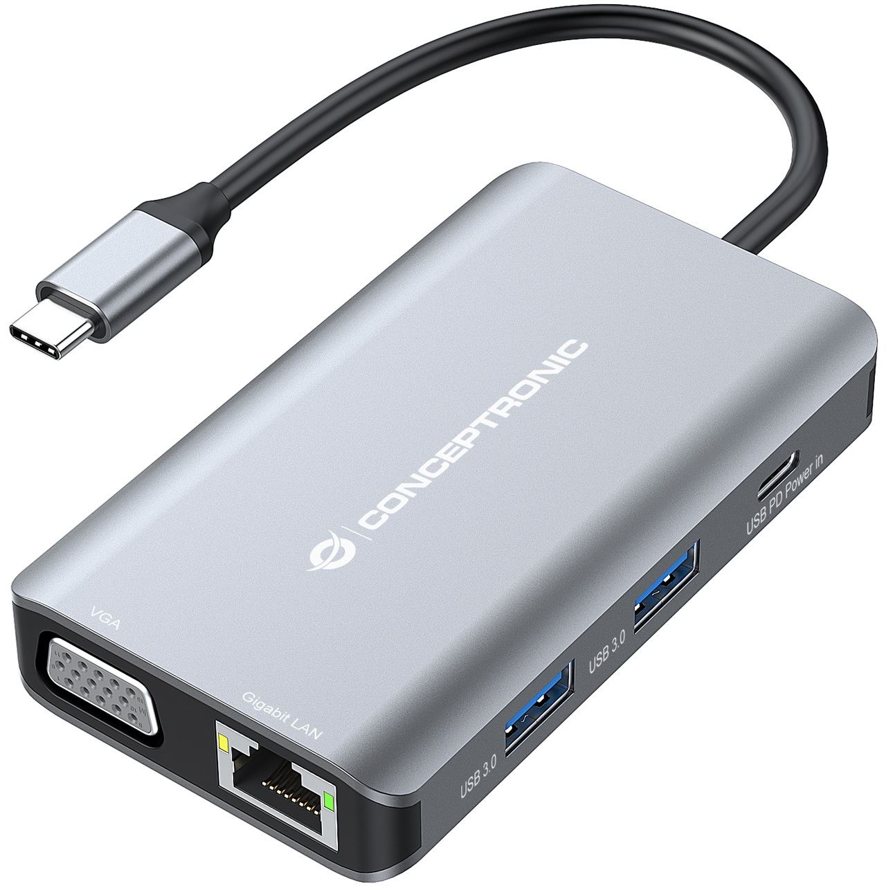 Conceptronic Dock USB-C->HDMI,VGA,GbE,3xUSB3.0,100WPD 0.25m