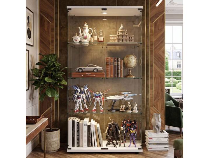 Argentier LED 81x36x164cm en Verre Trempé Buffet Vaisselier 4 Étagères avec 2 Portes Bibliothèque de Rangement Blanc Lumineux