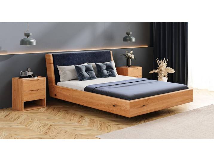 Designer Holzbett Cassian aus massiver Eiche in Schwebeoptik - Beige - 180x220 - Mattlack - Luxusbetten24