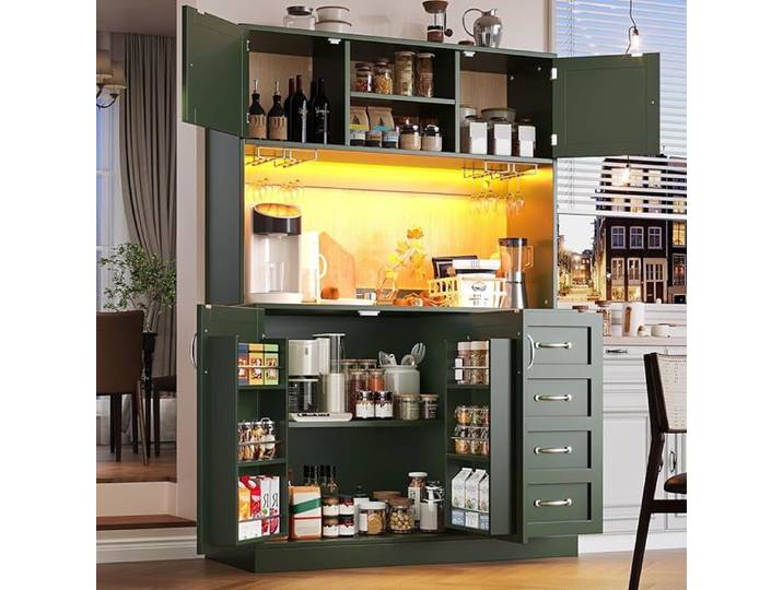 Buffet haut 120x40x188 cm vitrine LED couleurs variables 4 portes 2 tiroirs étagères réglables pour cuisine BUFFET DE CUISINE