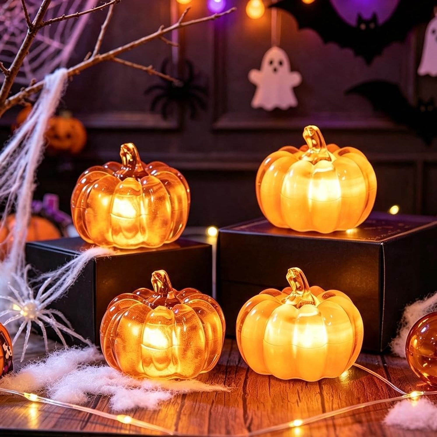 Set van 4 LED pompoenen voor Halloween decoratie met warme gloed