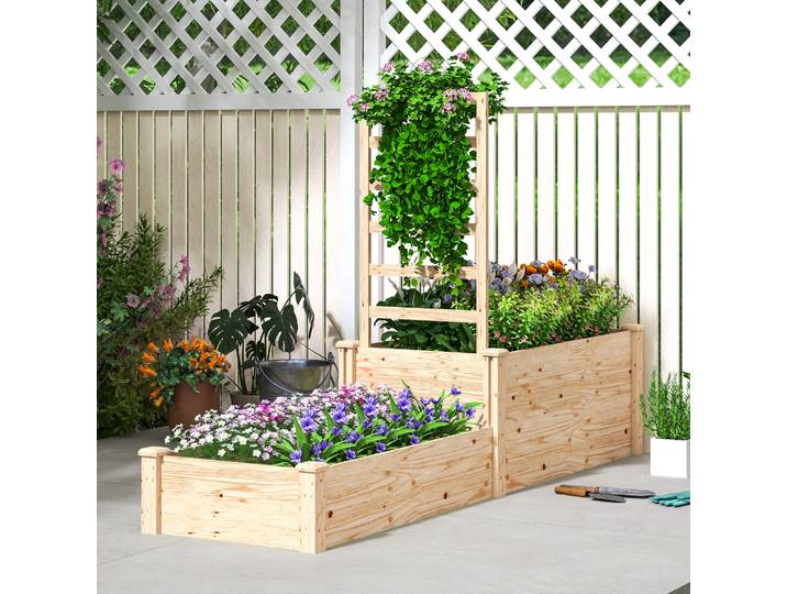Outsunny Jardinière Treillis 2 Bacs Bois Naturel Patio 222x63x132cm